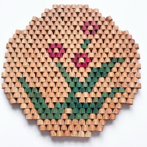 Vintage Bamboo Bead Trivet Red Flowers 7"